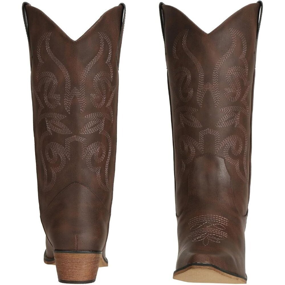 SheSole Western Boots Women Dark Brown Faux Leather Square Toe Wide Mid Calf - Picture 2 of 7